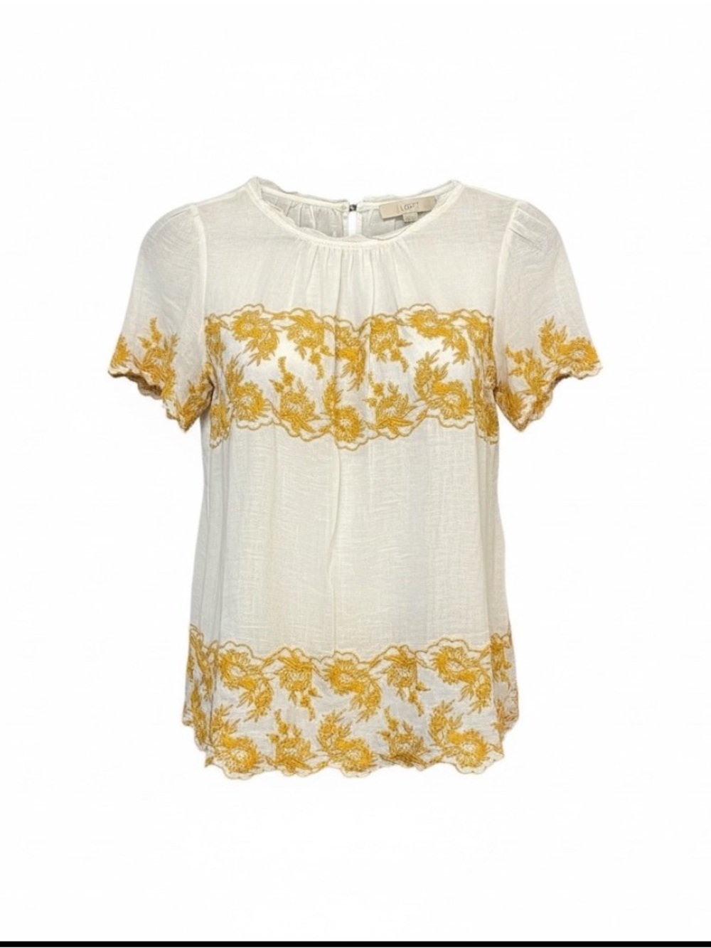 LOFT Linen White Yellow Embroidered Floral Short Sleeve Cottage Boho Women's Top